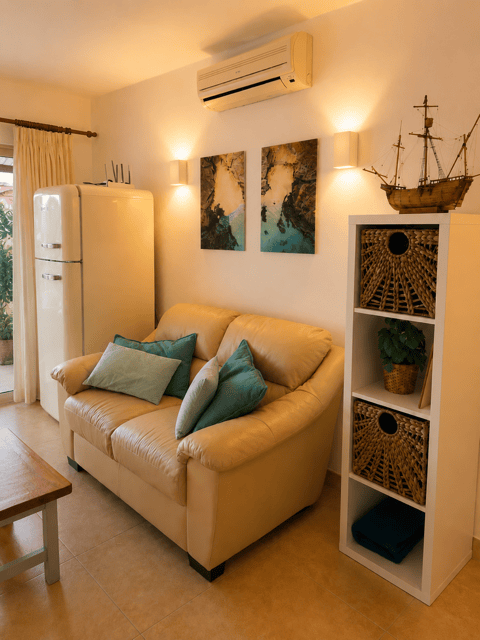 Living room of Casa del Sol with beige sofa, marine paintings and nautical decoration.