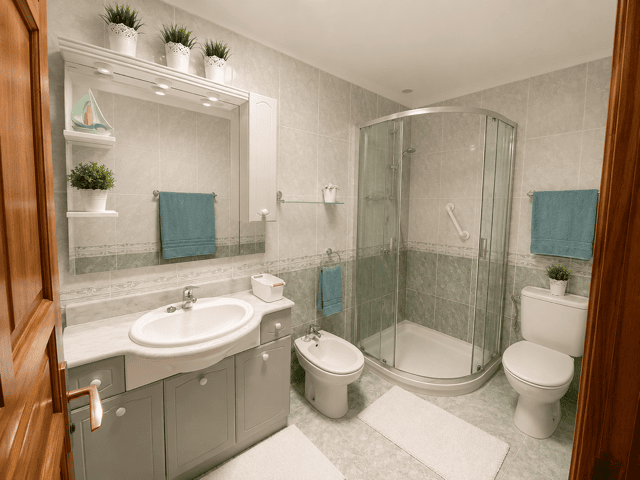 Bathroom with corner shower, sink and decorative accessories in Casas del Sol.