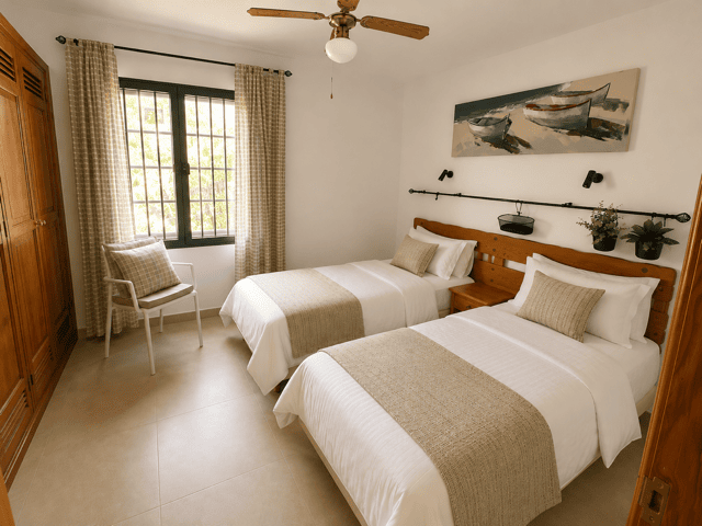 Double room in Casas del Sol with comfortable beds, window view and modern decor.