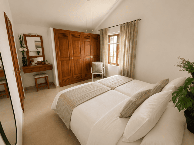 Bright room with double bed, wooden wardrobe and natural decor.