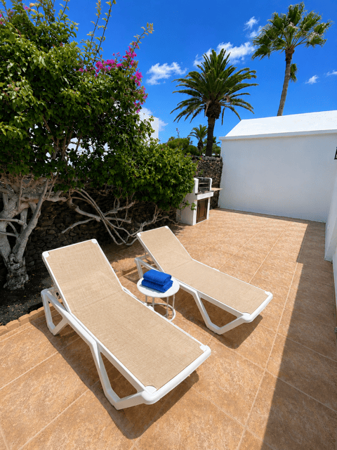 Sunny terrace with sun loungers, palm trees and garden in Casas del Sol.