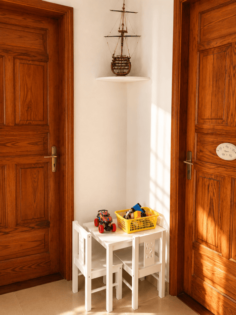 Wooden doors at the entrance with toys and a decorative boat.